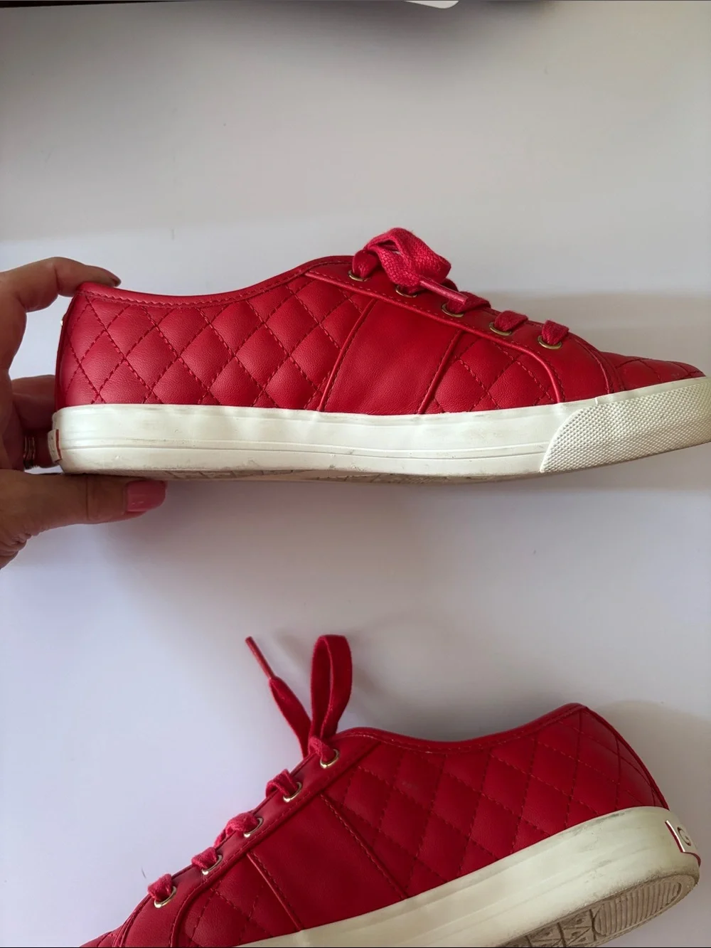 GUESS size 7.5 red quilted leather Sneakers with Gold Hardware very good shape